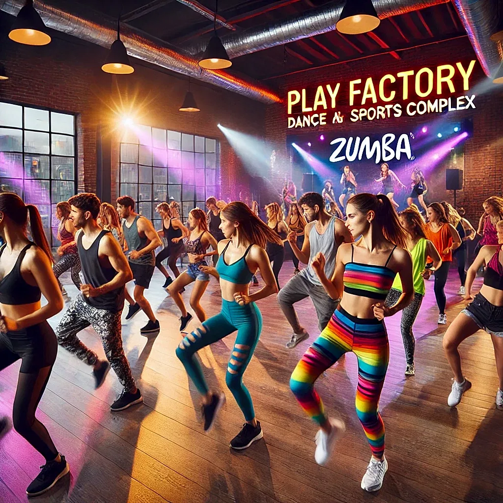 DALL·E 2024 11 13 12.38.20 A lively dance studio at Play Factory Dance and Sports Complex featuring a Zumba class. Participants are moving energetically to upbeat Latin inspired