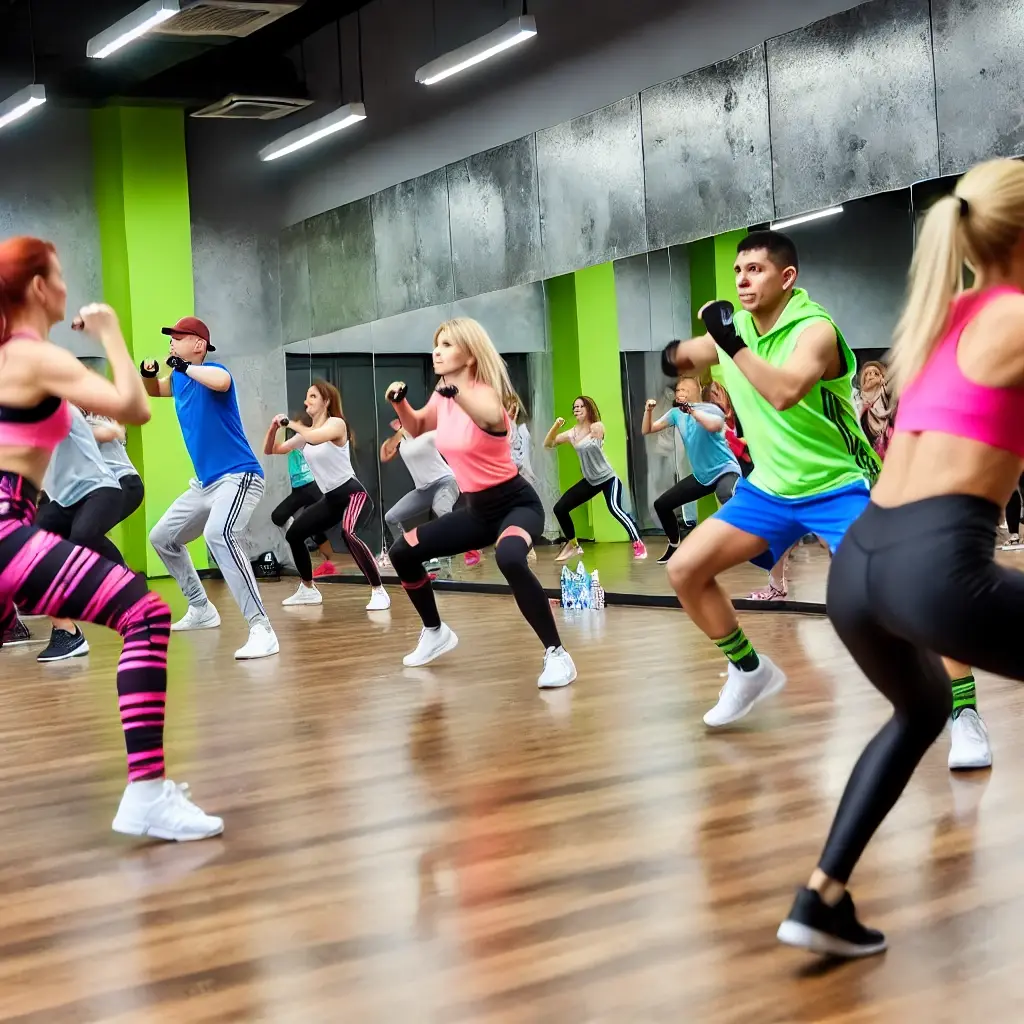 DALL·E 2024 11 13 12.42.29 A high energy fitness class at Play Factory Dance and Sports Complex. Participants are engaged in an intense workout session performing a variety of 
