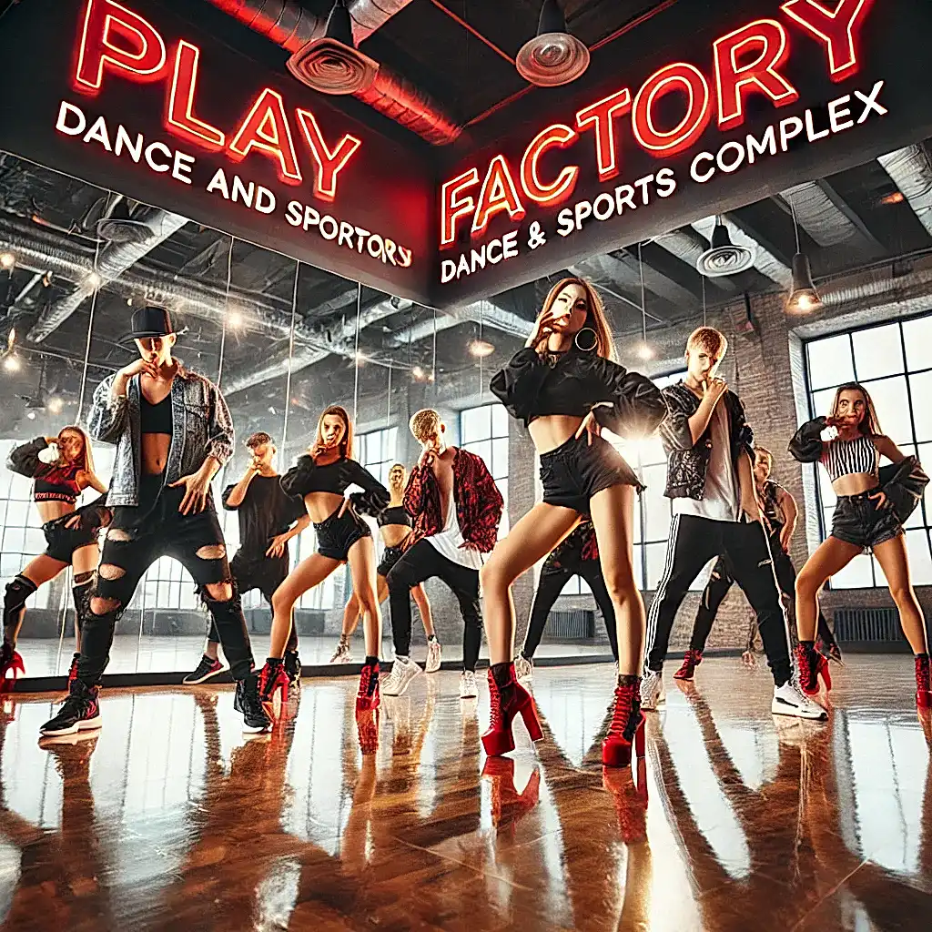 DALL·E 2024 11 13 12.01.34 A vibrant dance studio at Play Factory Dance and Sports Complex featuring Hip Hop dancers in high heels. The dancers are performing powerful high en
