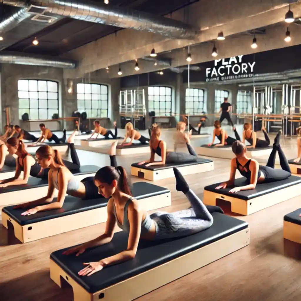 DALL·E 2024 11 13 12.27.56 A serene dance studio at Play Factory Dance and Sports Complex featuring a Mat Pilates class. Participants are engaging in controlled mindful exercis