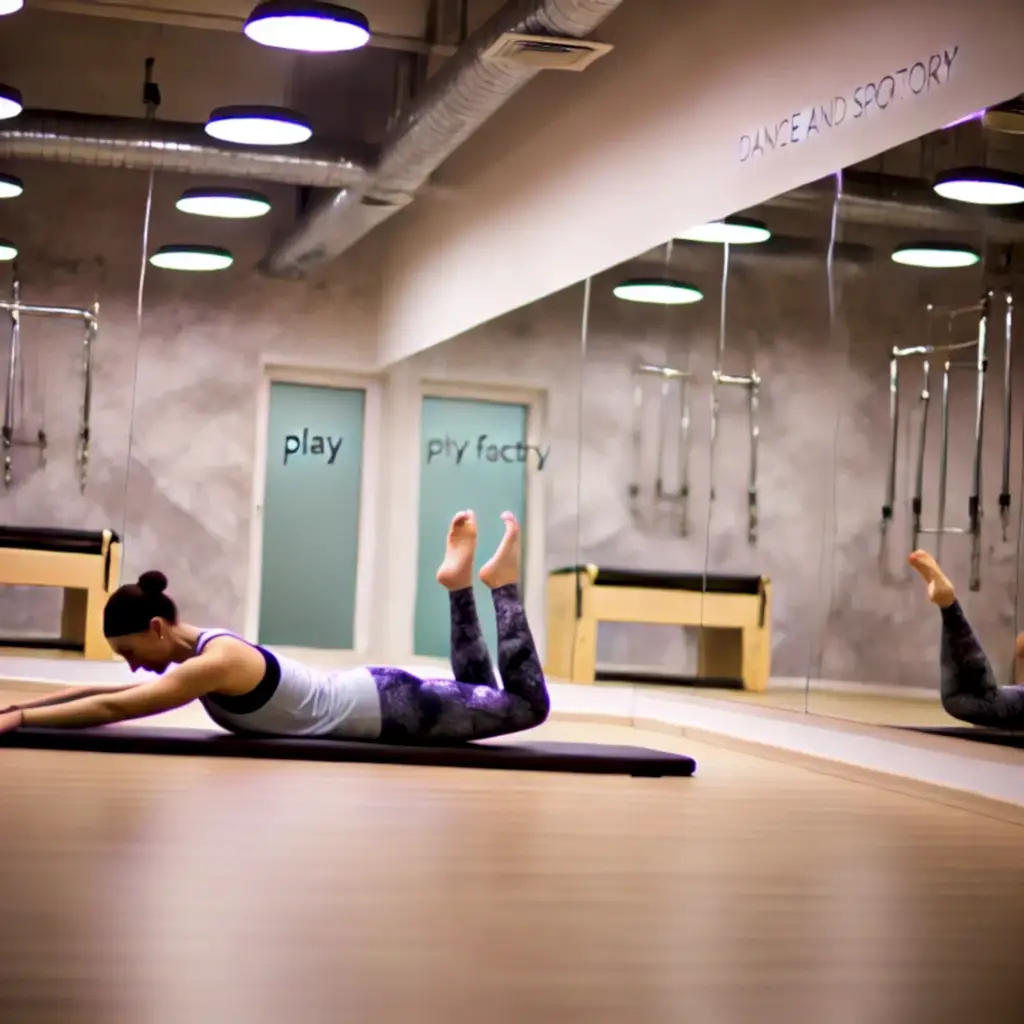 DALL·E 2024 11 13 12.41.40 A peaceful studio at Play Factory Dance and Sports Complex featuring a Pilates session. A participant is practicing controlled and precise exercises o