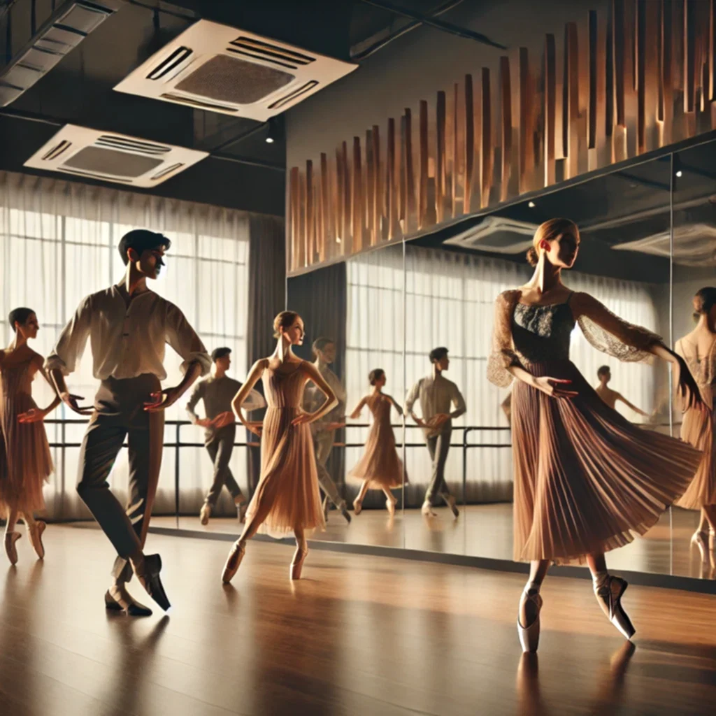 DALL·E 2024 11 13 12.07.09 A refined dance studio at Play Factory Dance and Sports Complex featuring a classical dance class. Dancers in high heels perform graceful elegant mov