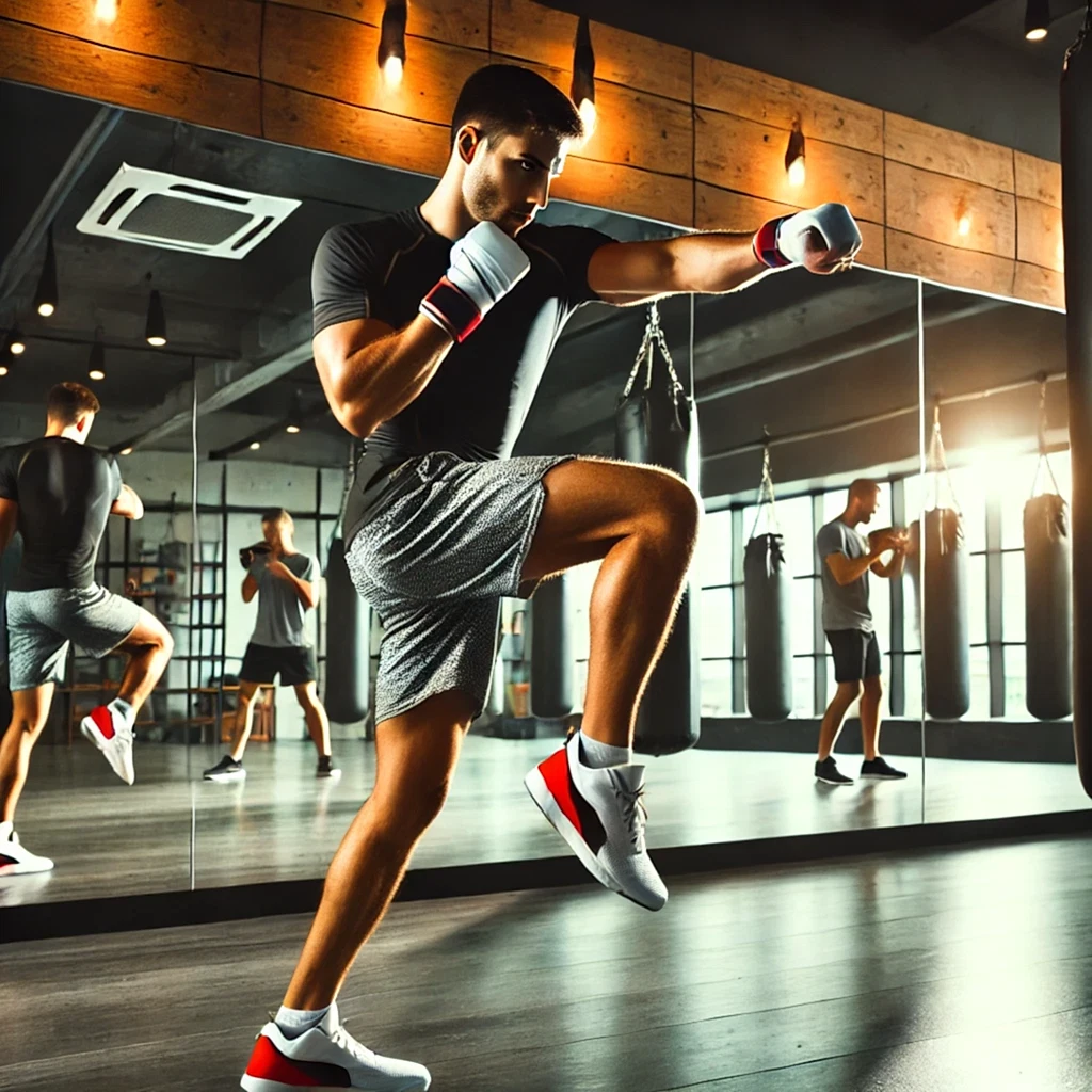 DALL·E 2024 11 13 12.41.01 A focused one on one Kickboxing session at Play Factory Dance and Sports Complex. The participant is engaged in intense training with powerful punches
