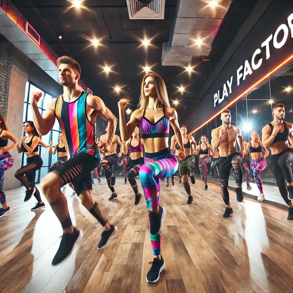 DALL·E 2024 11 13 12.27.16 A vibrant dance studio at Play Factory Dance and Sports Complex featuring a high energy HIIT Cardio workout session. Participants are engaged in inten