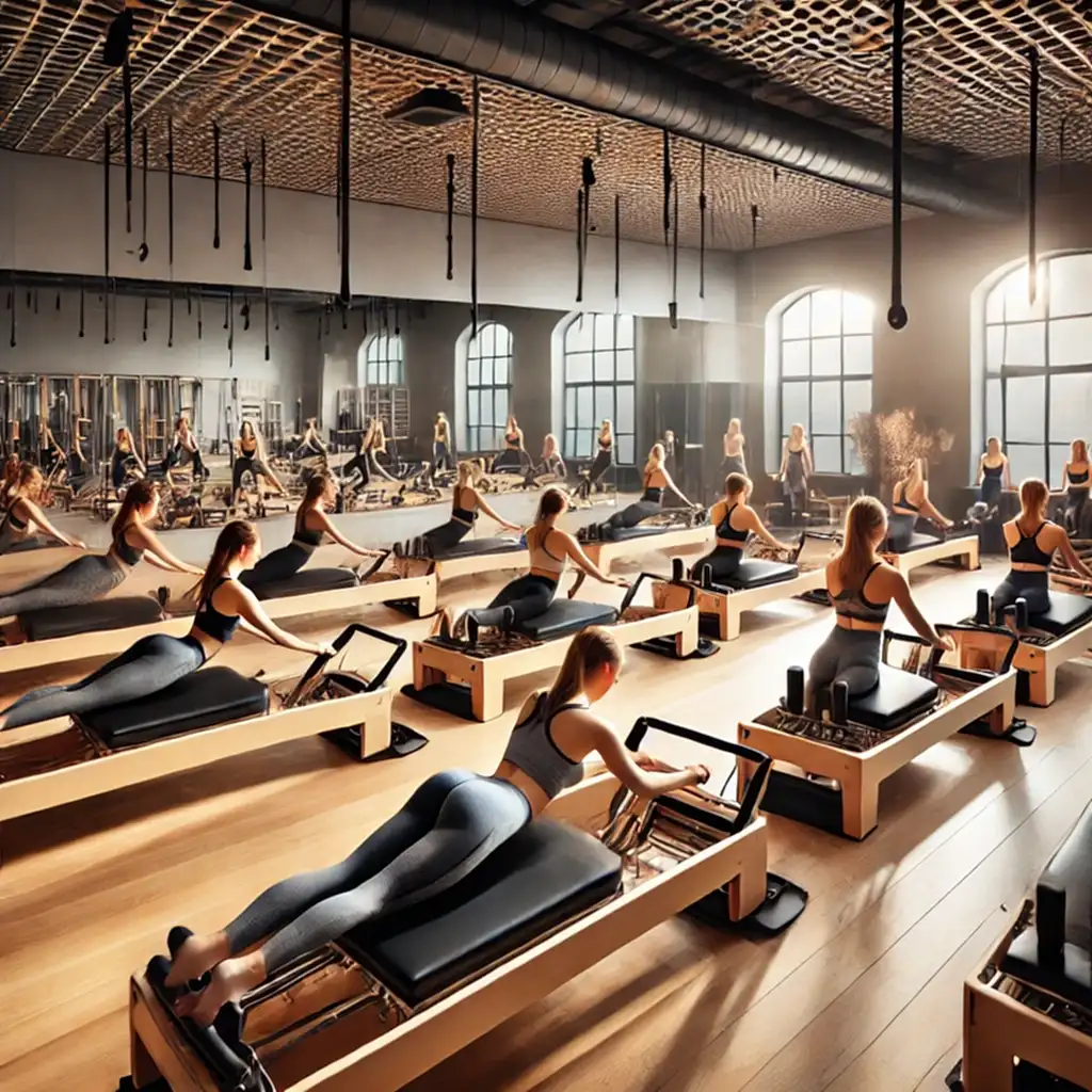 DALL·E 2024 11 13 12.28.58 A modern dance studio at Play Factory Dance and Sports Complex featuring a Pilates Reformer class. Participants are performing controlled exercises on