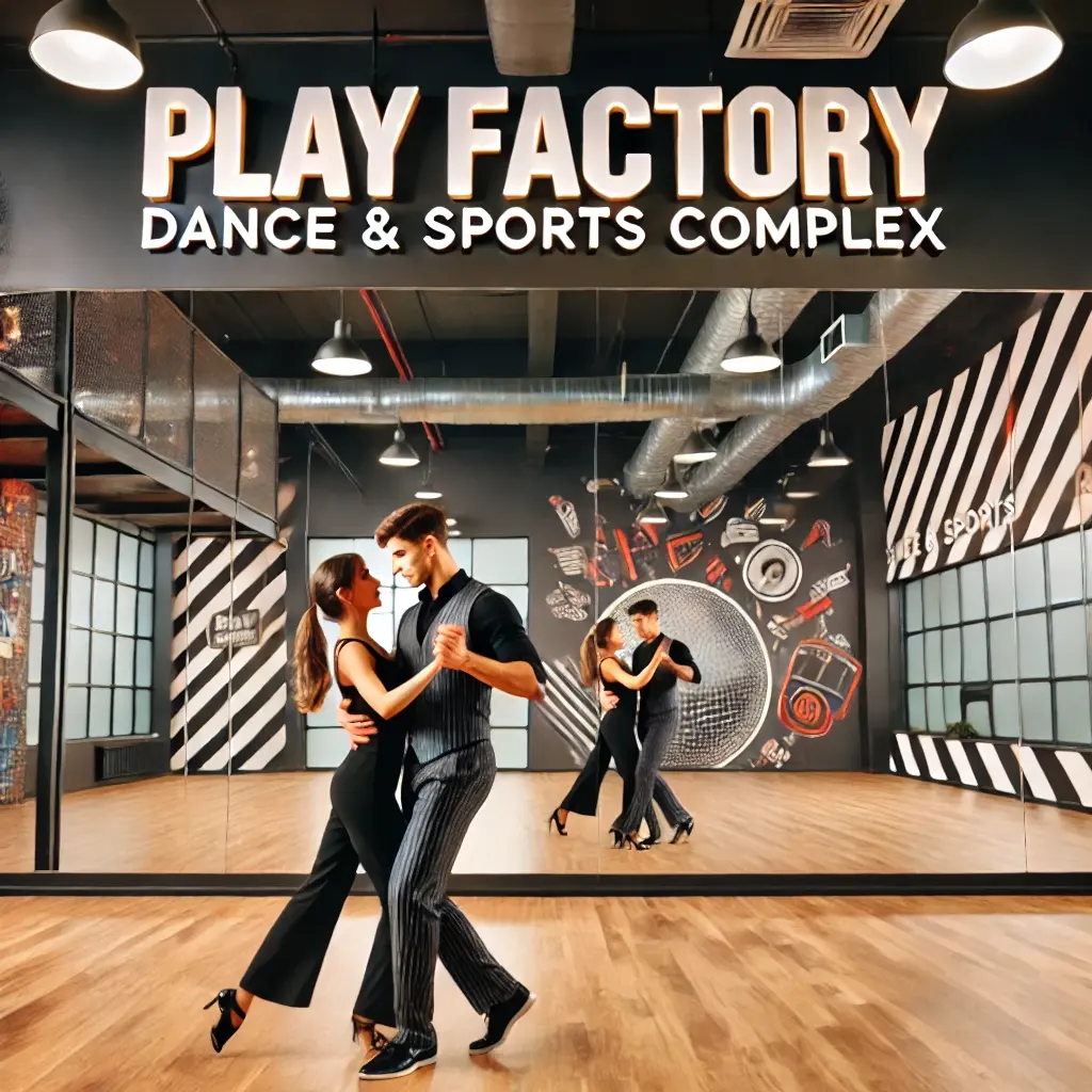 DALL·E 2024 11 13 11.48.21 A couple dancing Bachata in a lively setting inside the Play Factory Dance Sports Complex. The dancers are close and engaged in fluid romantic mo