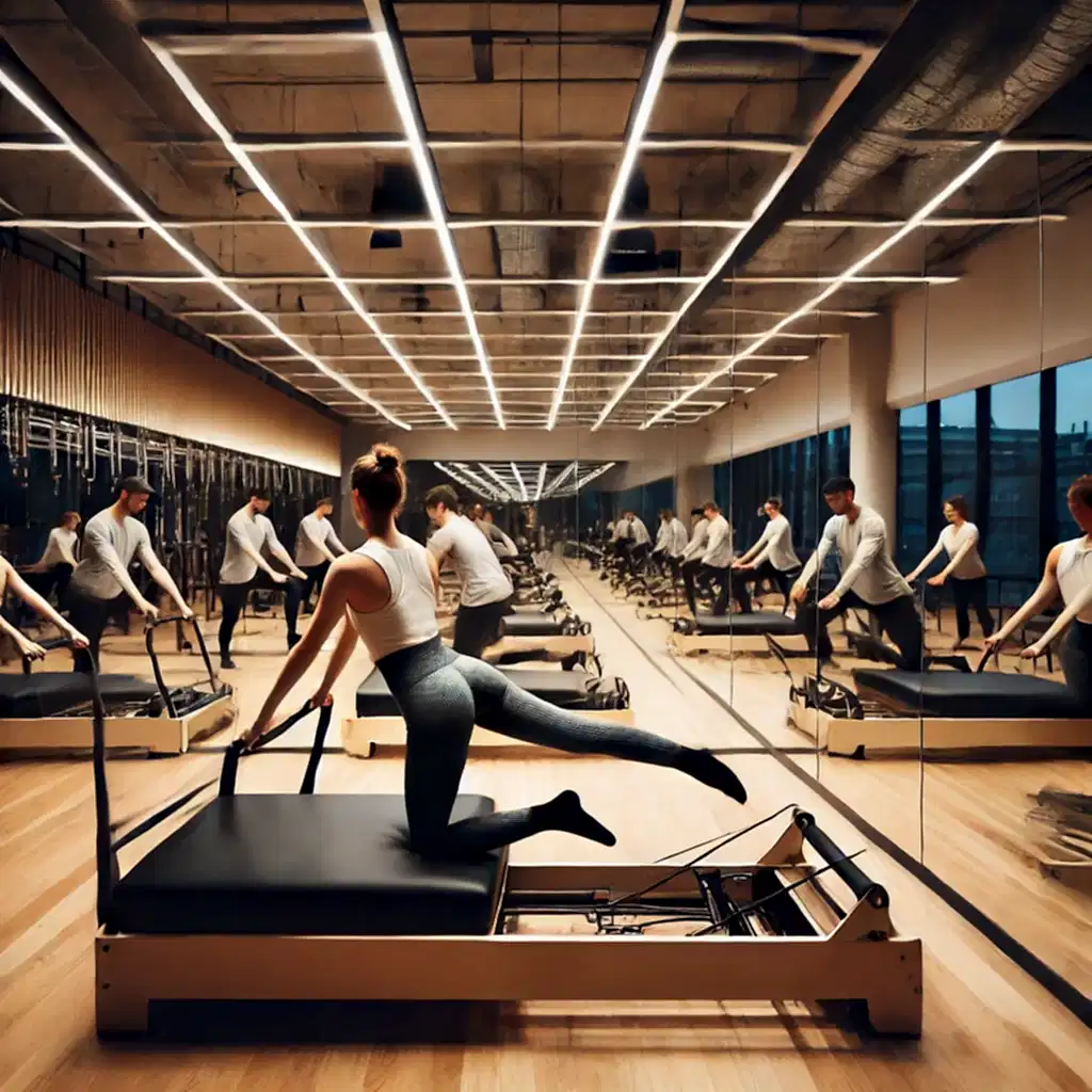 DALL·E 2024 11 13 12.37.22 A modern dance studio at Play Factory Dance and Sports Complex featuring a Pilates Cadillac session. Participants are performing exercises on the Cadi