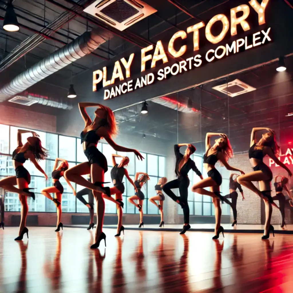 DALL·E 2024 11 13 12.06.02 A vibrant dance studio at Play Factory Dance and Sports Complex featuring a modern dance class. The dancers are performing expressive fluid movements